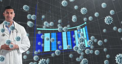 Doctor presenting covid-19 statistics with viral cells visualization