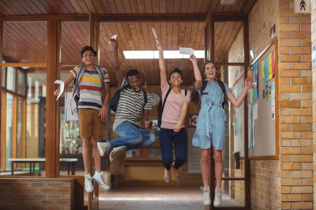 Excited classmates jumping with grade cards in corridor at school