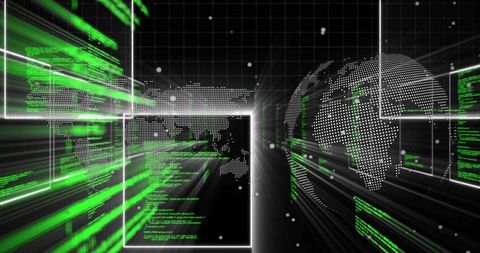 Futuristic digital world map with streaming green code