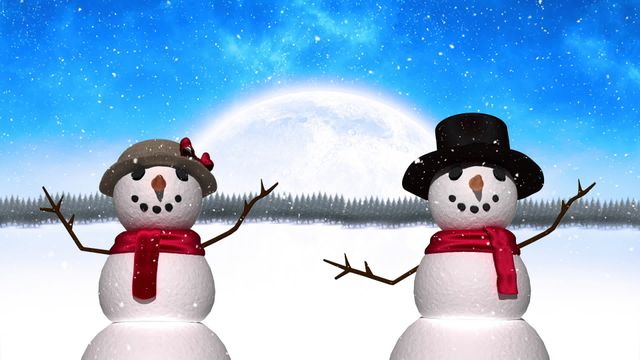 Snowman couple cheerfully waving under a starry sky with snow falling. Ideal for Christmas and winter-themed social media posts, greeting cards, festive advertisements, and seasonal website banners.