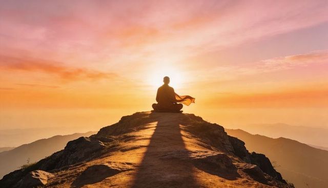 Solitary meditator watching sunrise on mountain ridge with flowing robe and scarf