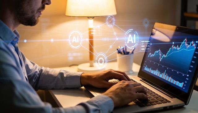 Man analyzing ai-driven financial charts on laptop, typing on keyboard, home workspace