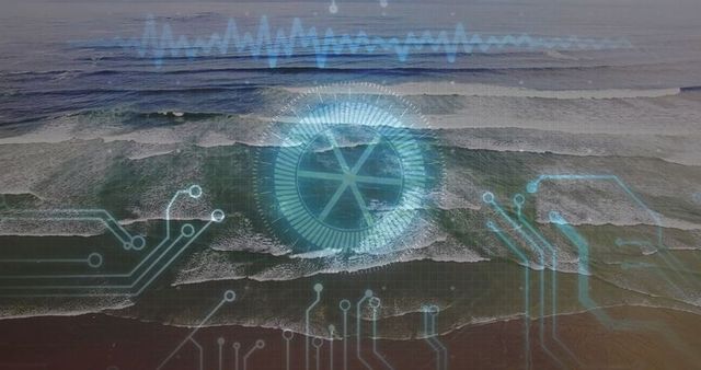 Futuristic Interface Overlaying Aerial Beach Scene