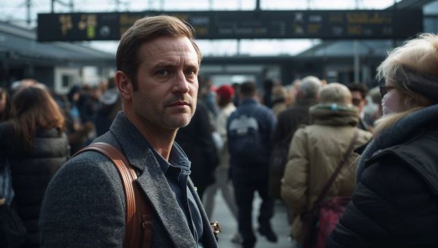 Middle-aged man glancing at departure board in crowded train station with leather satchel, cinematic