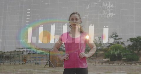 Young woman standing with fitness data overlay showing bar chart and heart-rate waveform