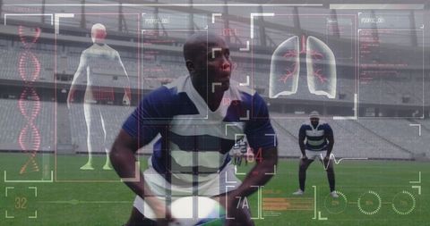 Rugby Player with Digital Interface Displaying Medical Data