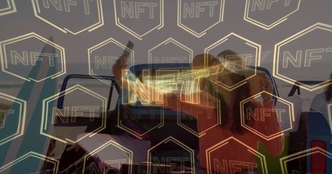 Couple Takes Beach Selfie with NFT Overlay at Sunset