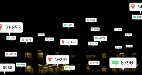 Social Media Notifications Over Office Building at Night