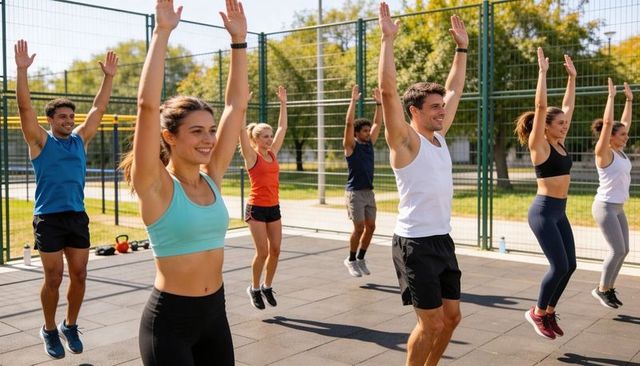 Group fitness class doing jumping jacks on outdoor park court, high-intensity cardio