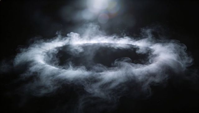 Floating Glowing Smoke Ring Halo with Curling Mist Tendrils and Overhead Light Flare