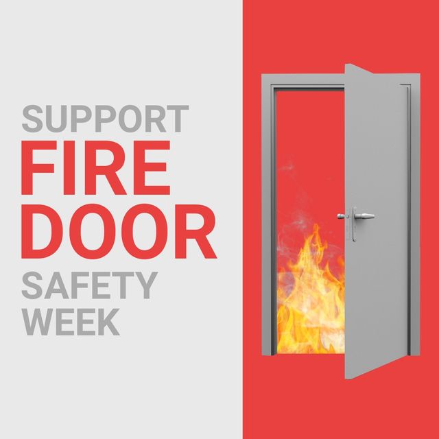 Illustration of fire burning at door and support fire door safety week text on red, gray background. copy space, danger, fire door, awareness, protection and campaign concept.