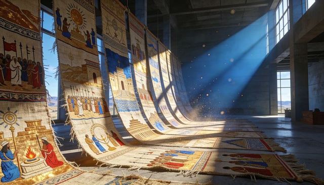 Hanging narrative tapestries casting sunbeams in industrial concrete gallery