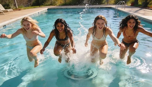 Four friends jumping into backyard pool creating energetic splash summer swimwear fun