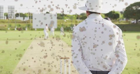 Cricket umpire watching batter from behind on sunny pitch with wickets and scoreboard