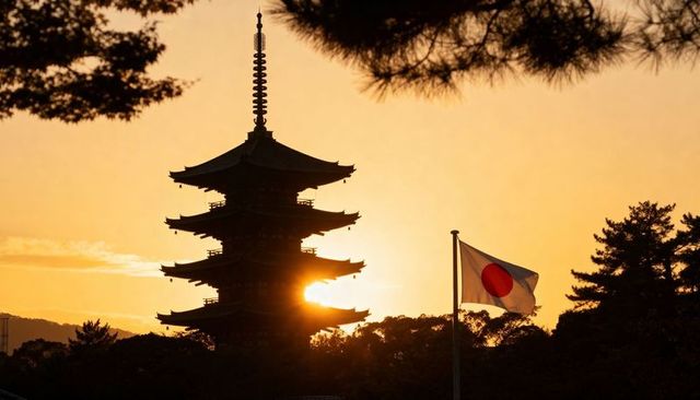 Five-tier pagoda glowing at golden sunset with waving japanese flag silhouette