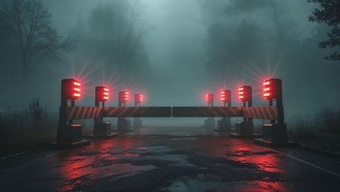 Foggy night road with red alert illuminated warning barricade