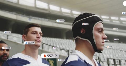 Rugby athletes with digital interfaces awaiting game in archive