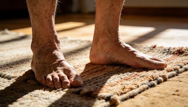 Senior bare feet standing on woven rug in warm sunlight showing toenails and texture
