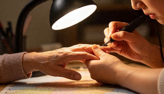 Nail technician filing senior hand closeup under lamp professional electric file manicure