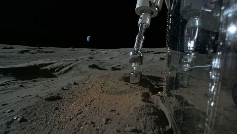 Robotic arm collecting lunar regolith near lander with earth rising over cratered surface