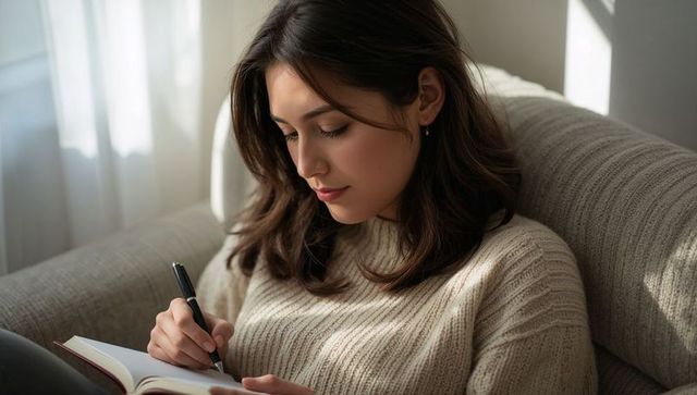 Woman writing journal on cozy armchair wearing cream ribbed sweater in morning daylight