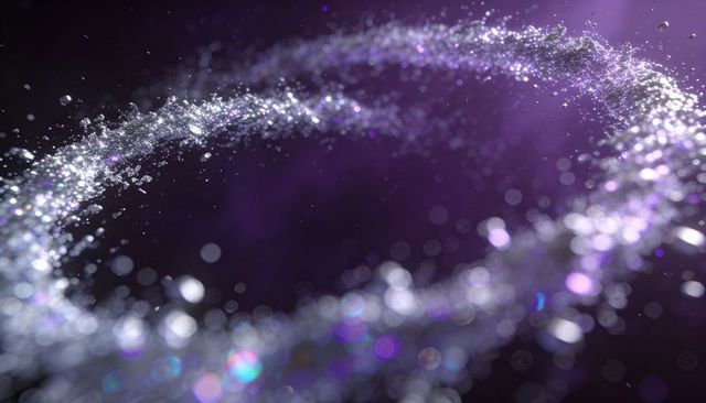 Swirling violet glitter ring streaming sparkling particles bokeh iridescent motion glow