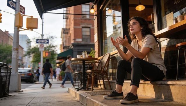 Young woman gesturing on cafe steps in bustling city street during golden hour light