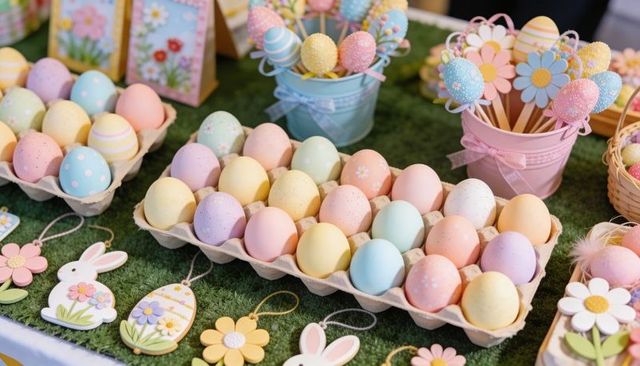 Displaying Pastel Easter Eggs in Cartons with Floral Ornaments on Green Grass Tabletop