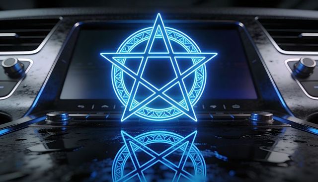 Neon pentacle hologram hovering above glossy vehicle console reflecting electric blue light