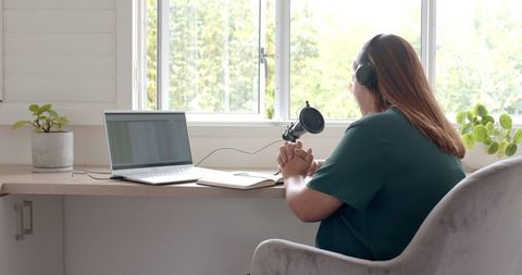 Woman Recording Podcast in Home Office with Headphones - Download Free Stock Images Pikwizard.com