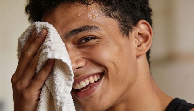 Smiling young man wiping face with towel after workout, showing sweat and clean skin