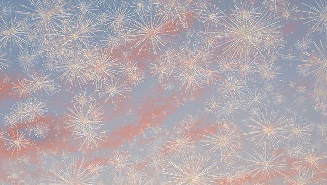 Layering pastel starbursts over soft blue-gray dusk with pink peach clouds