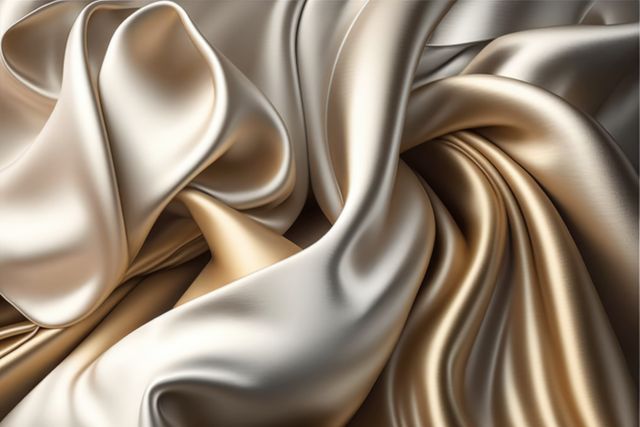 Gold and white silk shiny and crumpled fabric textures, created using generative ai technology. Luxury clothes, fashion and fabric background.