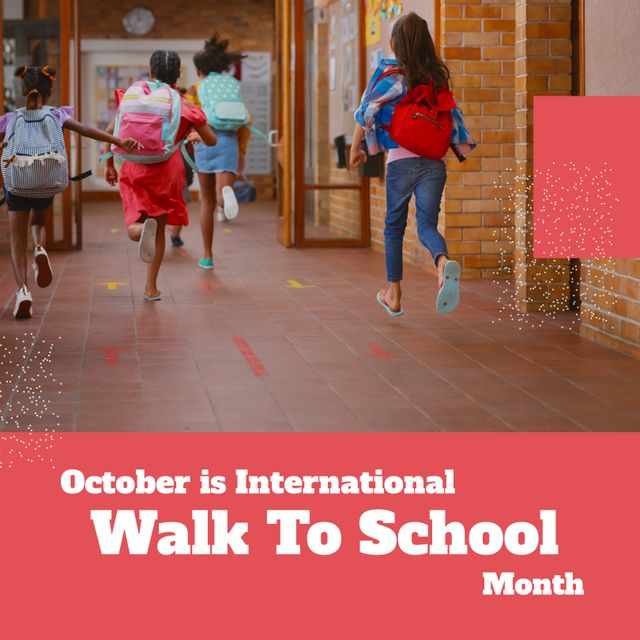 Use this image for promoting school activities, encouraging children's health and exercise, illustrating newsletters, or advertising educational events. This energetic scene is ideal for materials supporting Walk to School Month and can enhance content highlighting physical well-being and educational environments.