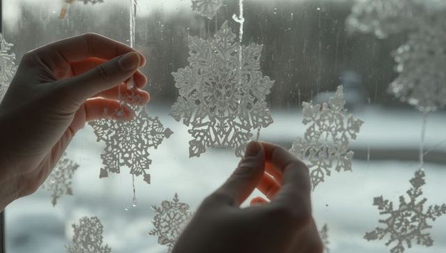 Placing snowflake ornaments on window in winter setting