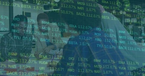 Business team analyzing market data overlay collaborating around laptops in modern office