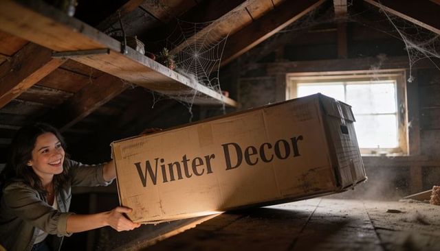 Young woman pulling winter decor box from dusty attic shelf with sunbeam and cobwebs