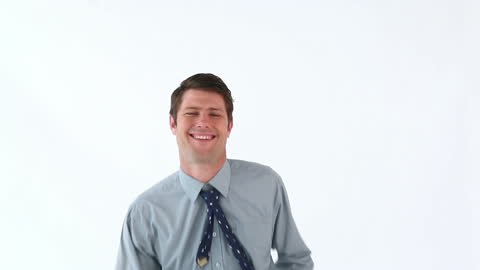 Joyful Businessman Running Against White Backdrop
