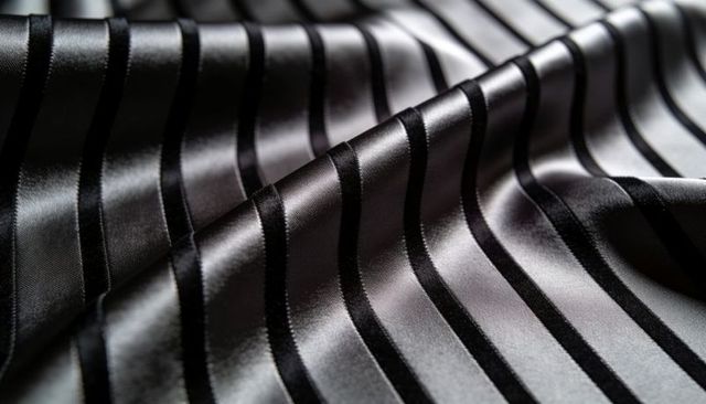 Luxurious Black and Silver Satin Stripe Textile with Glossy Sheen and Velvet Matte Bands