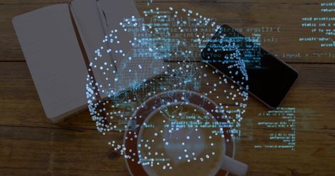 Innovative Holographic Globe Hovering over Coffee in Modern Workplace