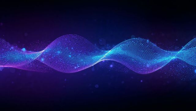 Abstract neon waveform ribbon of glowing dots flowing over dark digital background