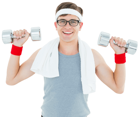 Transparent geeky hipster wearing sportswear lifting dumbbells