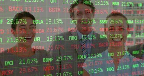 Smiling business team celebrating stock market gains with transparent ticker overlay