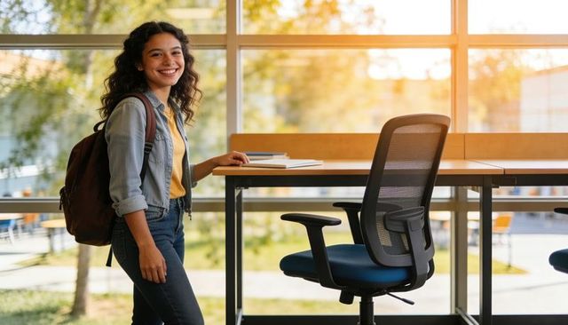 Smiling student carrying backpack standing by sunlit university window holding notebooks