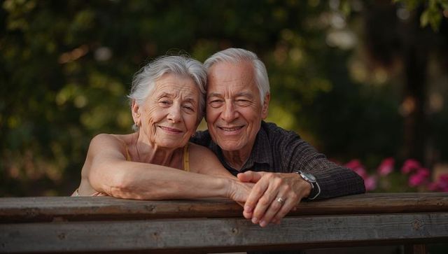 Senior couple leaning on wooden railing smiling and holding hands in sunlit garden