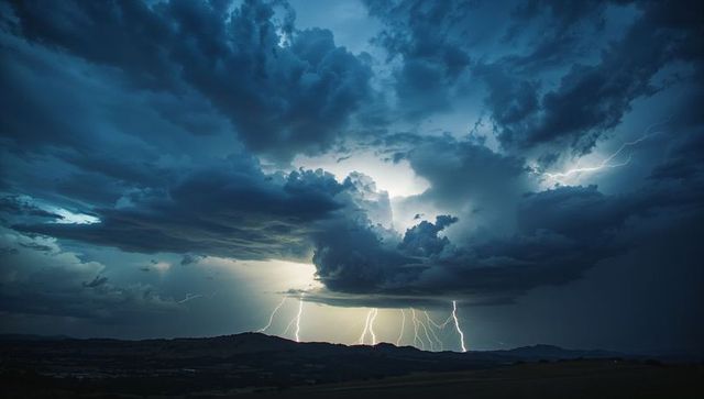 Dramatic Thunderstorm Over Rural Hillside with Lightning Bolts