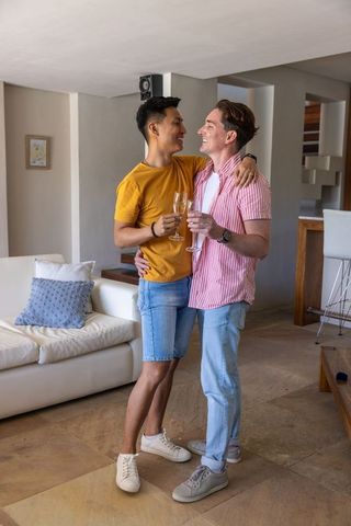 Gay couple celebrating at home embracing with champagne in modern open-plan living room