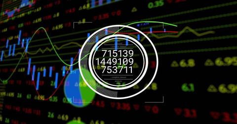 Concentric HUD displaying stacked numeric dataset over dark stock market dashboard