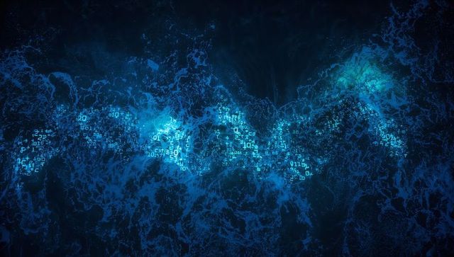 Flowing cyan data wave with glowing binary stream in deep digital space