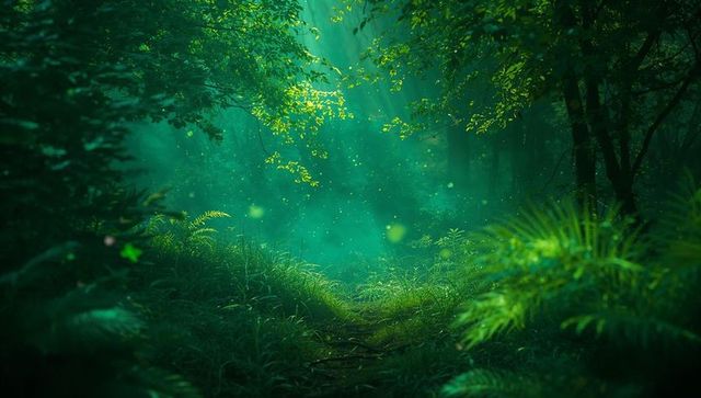 Bathing mossy forest clearing in emerald sunbeams with misty trail and glowing ferns